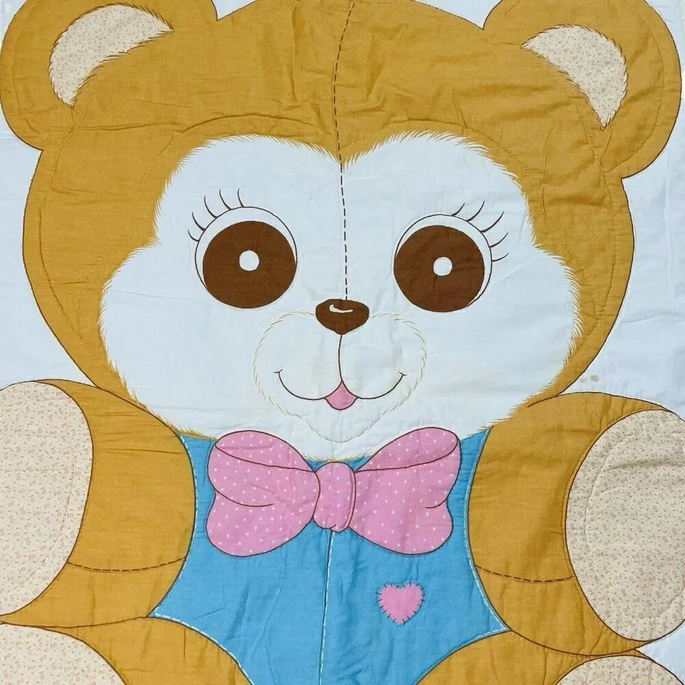 Vintage Quilted Teddy Bear Lace Trim Blanket 46 x 35 Nursery Baby Cute Kawaii -
